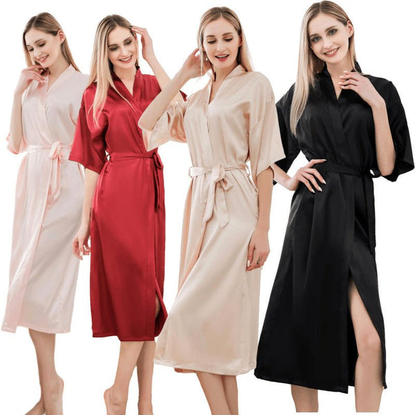Satin Kimono Robes For Women Bride Long Robe Sleepwear - Bay Buy Shopping