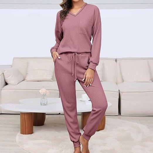 Suit Waffle Long Sleeve Top Drawstring Trousers For Women - Bay Buy Shopping