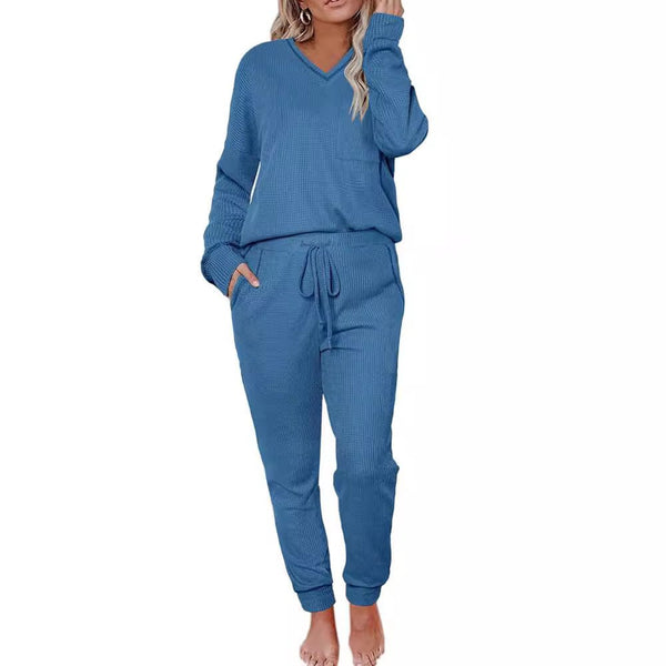 Suit Waffle Long Sleeve Top Drawstring Trousers For Women - Bay Buy Shopping