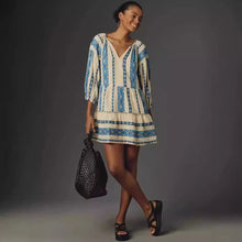 Summer New Casual 34 Sleeve V - neck Striped Printed A - Line Skirt Dress - Bay Buy Shopping