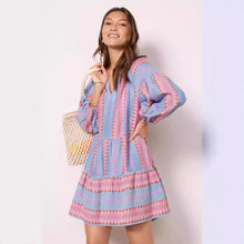 Summer New Casual 34 Sleeve V - neck Striped Printed A - Line Skirt Dress - Bay Buy Shopping