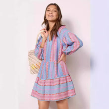 Summer New Casual 34 Sleeve V - neck Striped Printed A - Line Skirt Dress - Bay Buy Shopping