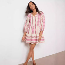 Summer New Casual 34 Sleeve V - neck Striped Printed A - Line Skirt Dress - Bay Buy Shopping