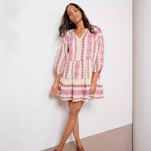 Summer New Casual 34 Sleeve V - neck Striped Printed A - Line Skirt Dress - Bay Buy Shopping