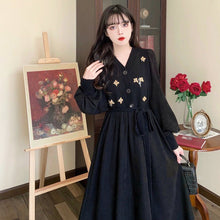 V - neck Panel Flower Embroidery Vintage Dress - Bay Buy Shopping