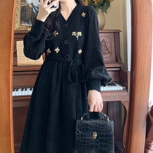 V - neck Panel Flower Embroidery Vintage Dress - Bay Buy Shopping