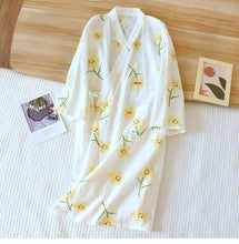 Women Bathrobe Nightdress Long Sleeve Nightgown Cotton Gauze - Bay Buy Shopping
